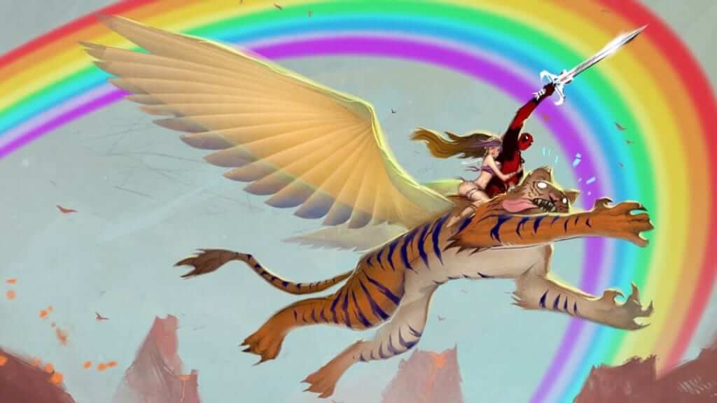 Deadpool on a flying tiger with a rainbow in the backround