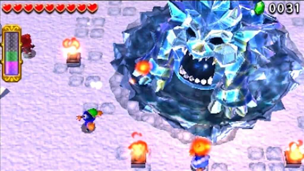 In single player, a hero has to throw a fireball into this boss's mouth to stun it, then run around and throw fire at the ice spikes on its body. Three players can surround it and make quick mincemeat out of it, though.