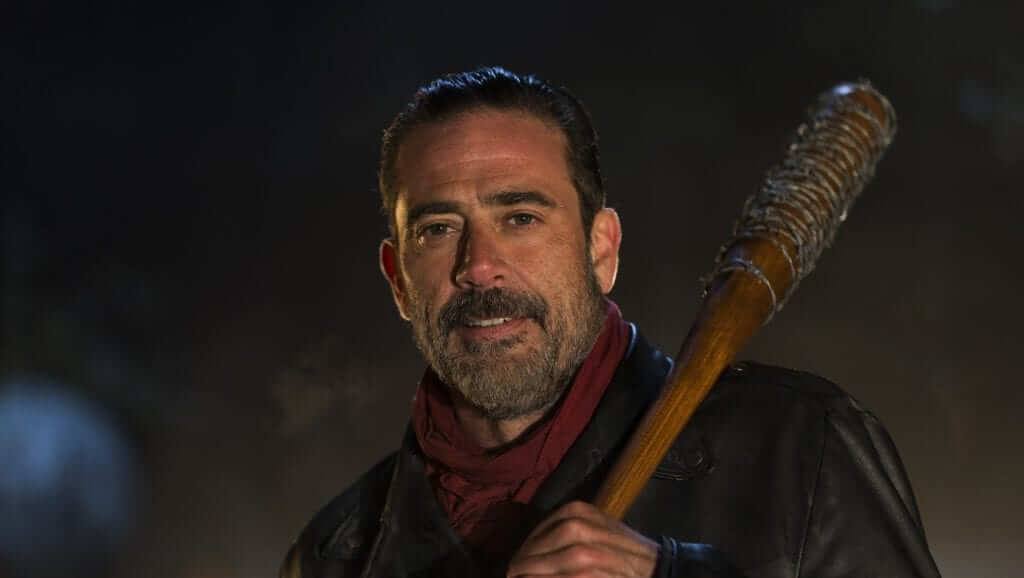 Jeffery Dean Morgan as Negan holding Lucielle in The Walking Dead