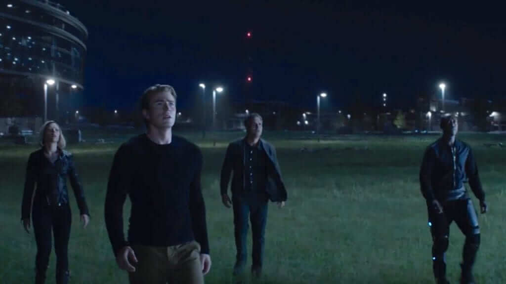 cap, black widow, bruce banner and war machine look at sky in avengers endgame