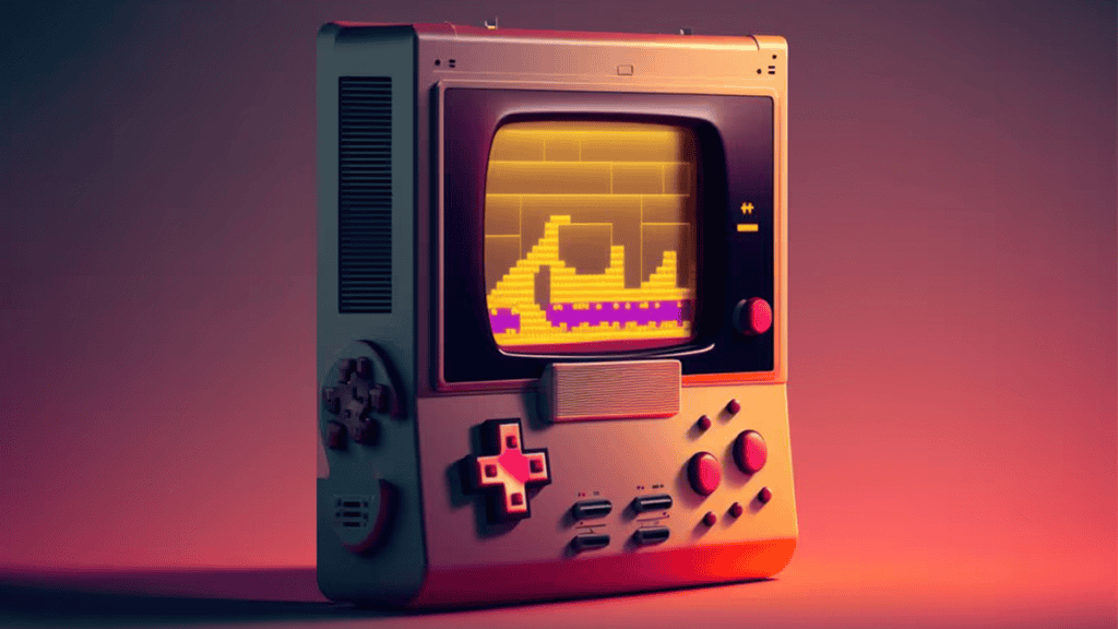 Retro Gaming Console With Pixel Art On Screen