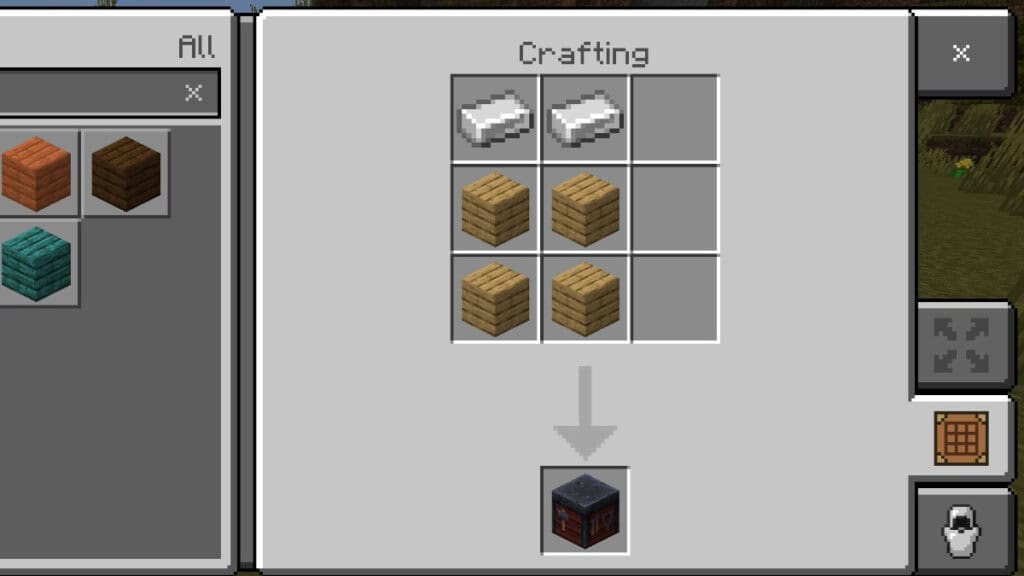 The recipe for a smithing table showing planks and iron bars in Minecraft