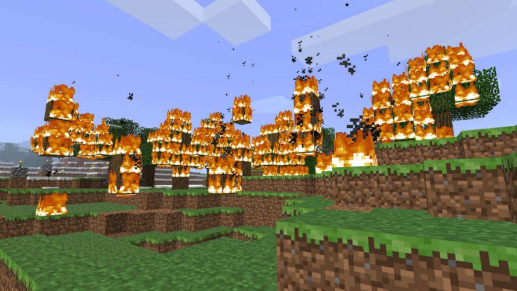 Fire spreads across trees in Minecraft