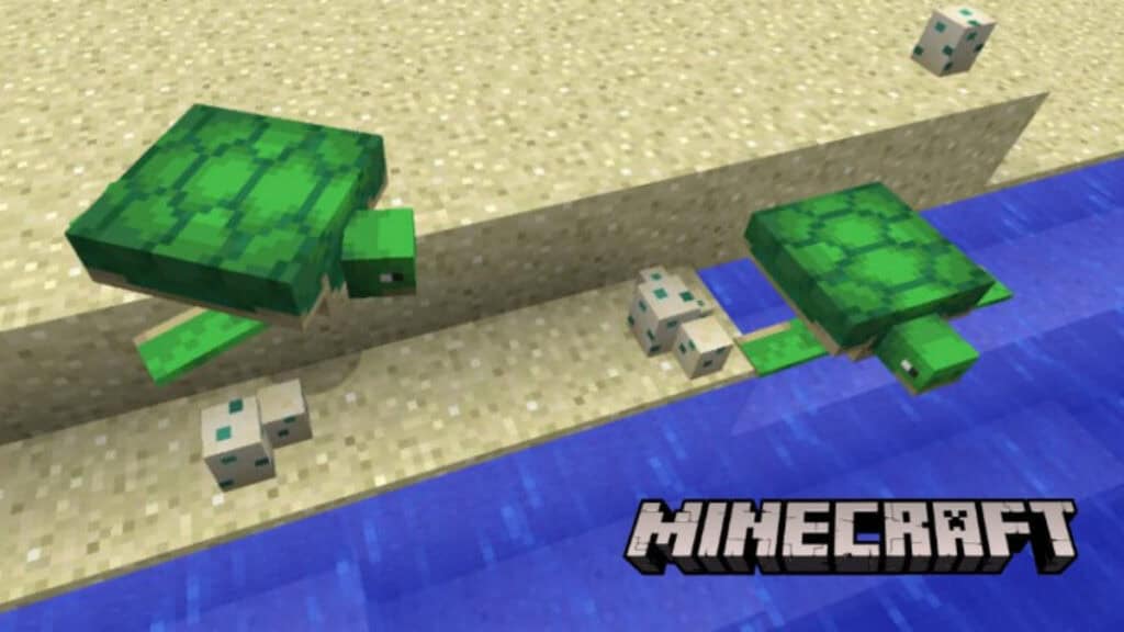 Turtles and their eggs on a beach in Minecraft