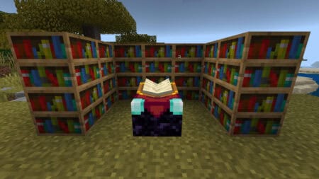 An enchanting table surrounded by books in Minecraft