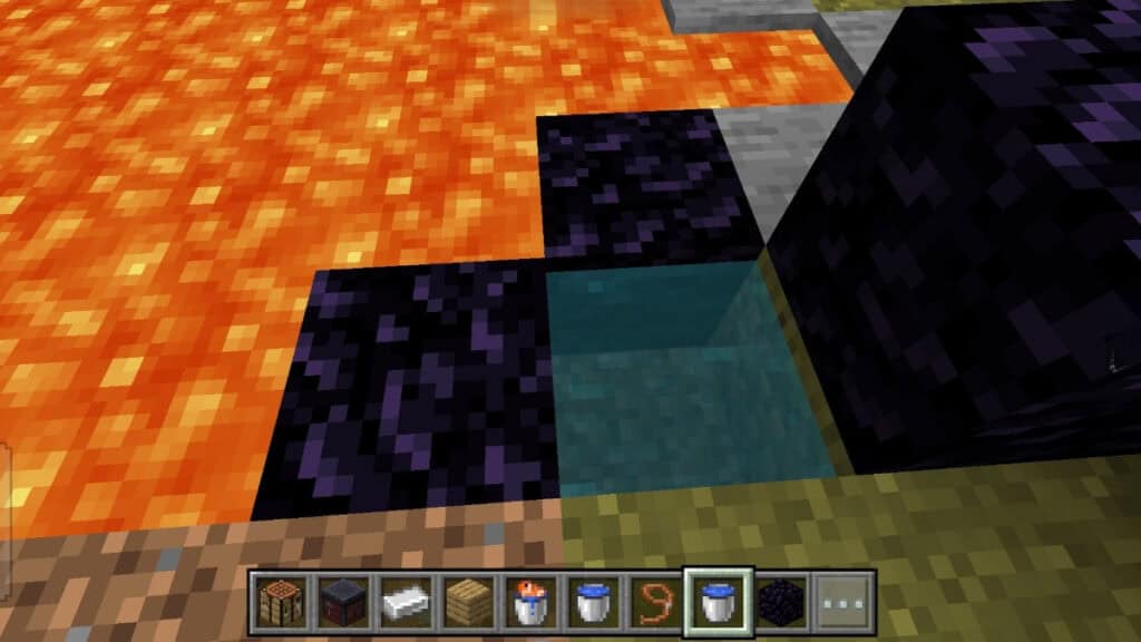 The player uses lava and water to make Obsidian in Minecraft