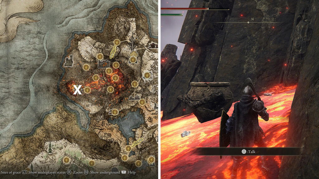 An image showcasing the spot where you can find Alexander at Mt. Gelmir, put it by the side of one showcasing the Tarnished talking to him there. 