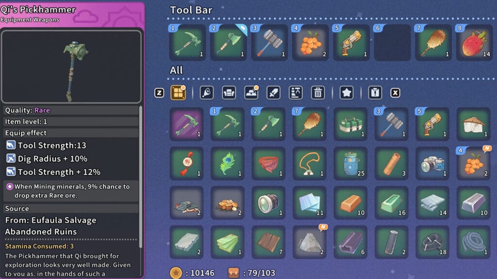 Inventory Screen in My Time at Sandrock