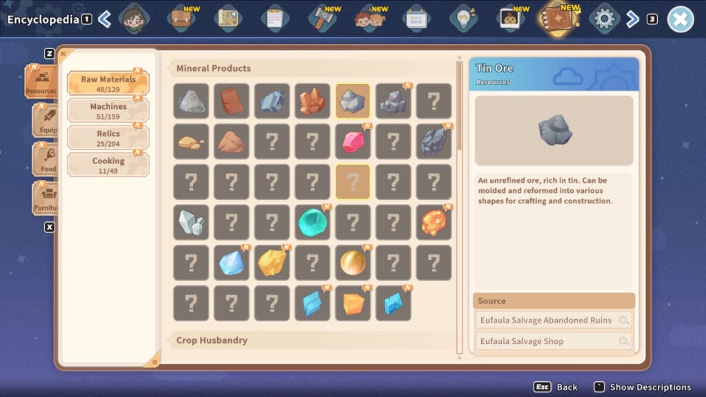 My Time at Sandrock Tin Ore Description