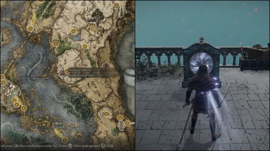 A map leading to the Church of Vows as well as the actual gateway in Elden Ring