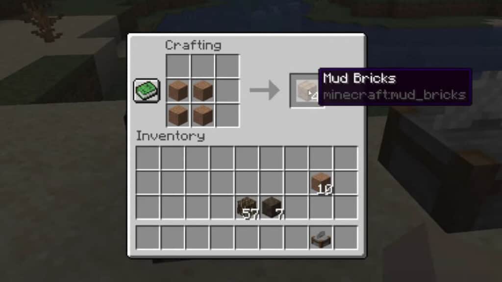 The recipe for mud bricks in Minecraft