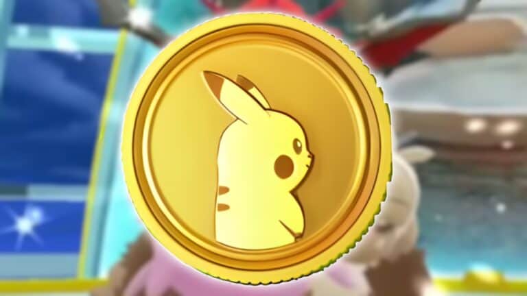 A close-u[ to a Pokecoin featuring Pikachu in Pokemon Go