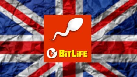 The BitLife logo surrounded by the UK flag, a country in the game that lets you become royalty