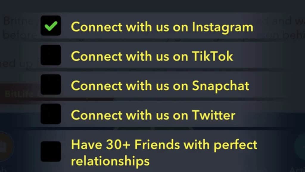 The Social Butterfly Challenge connection list in BitLife