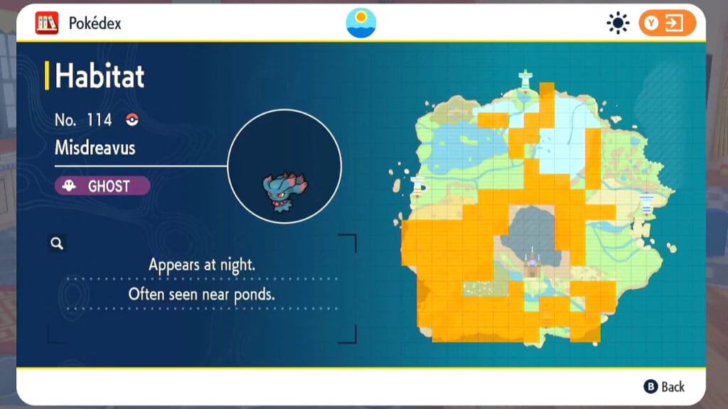 A map showing the locations where Misdreavus can be found in Pokemon Scarlet and Violet