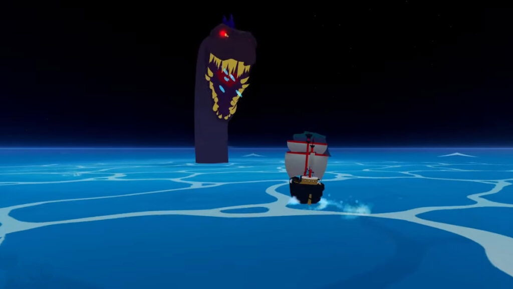 The player's ship confronts a sea beast as they fight to get Fragments in Blox Fruits