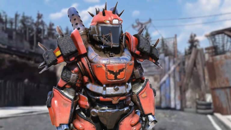 A character wearing Blood Eagle Armor stands outside a town in Fallout 76