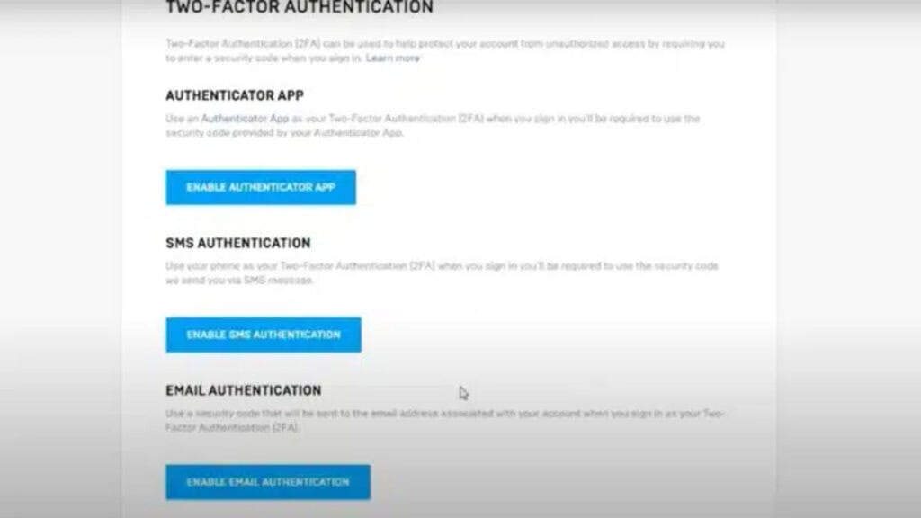 The 2FA menu showing various options