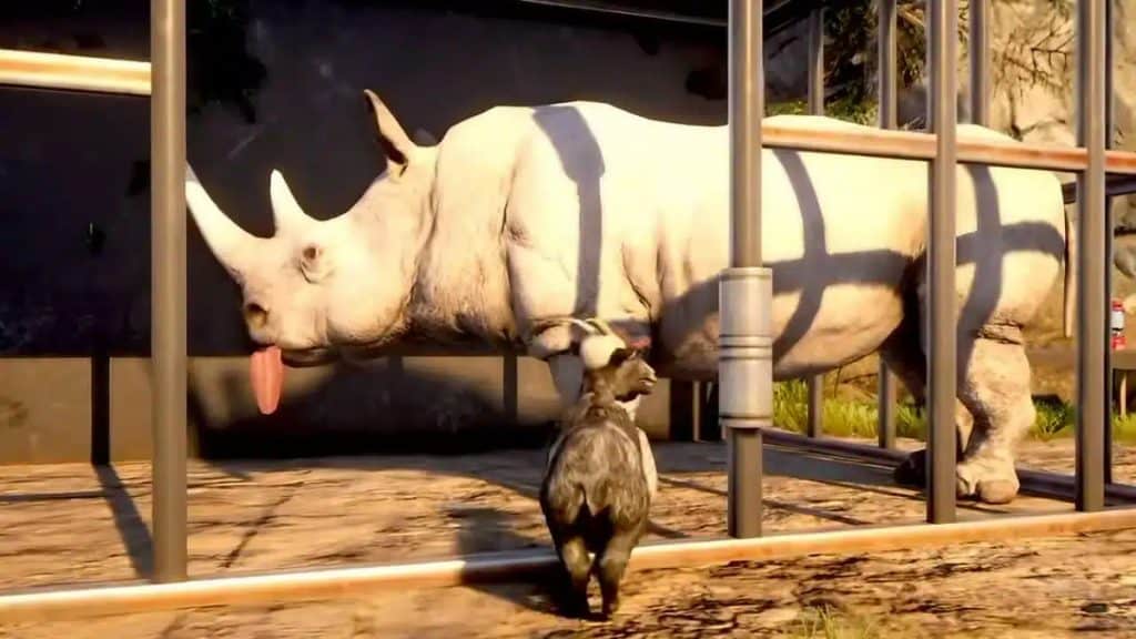 Rosie stands in her cage in Goat Simulator 3