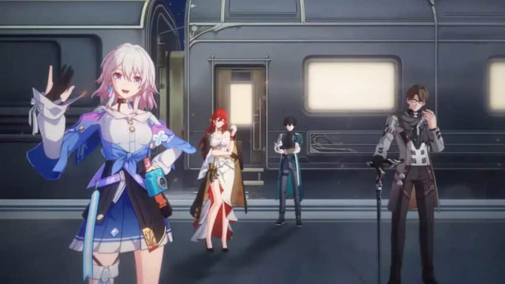 Four characters in Honkai Star Rail pose in a train station