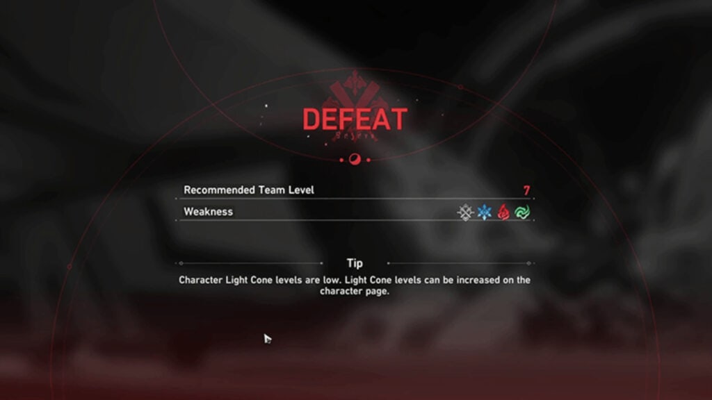 The Defeat Screen in Honkai Star Rail