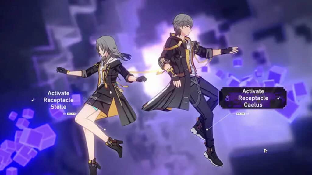 Stelle and Caelus float in a purple void in Honkai Star Rail