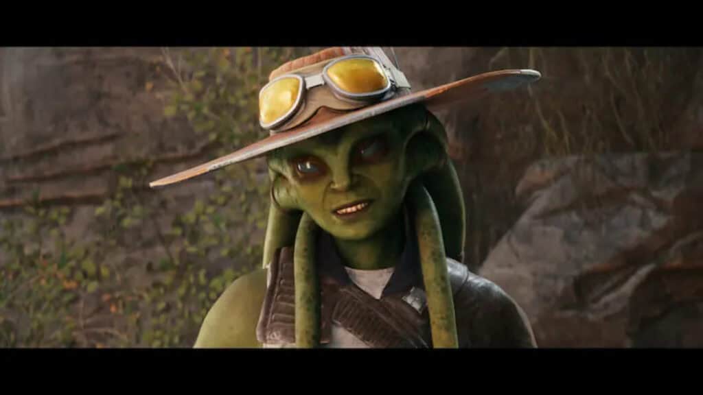 A close-up of a Twi'lek wearing a hat in Star Wars Jedi Survivor during the bounty hunting quest