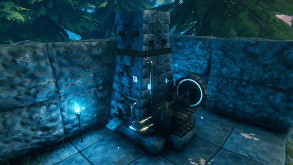 Valheim Blast Furnace with Blue Torch