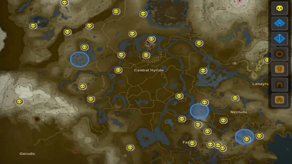 A map showing where in Hyrule you can get a Hinox Tooth