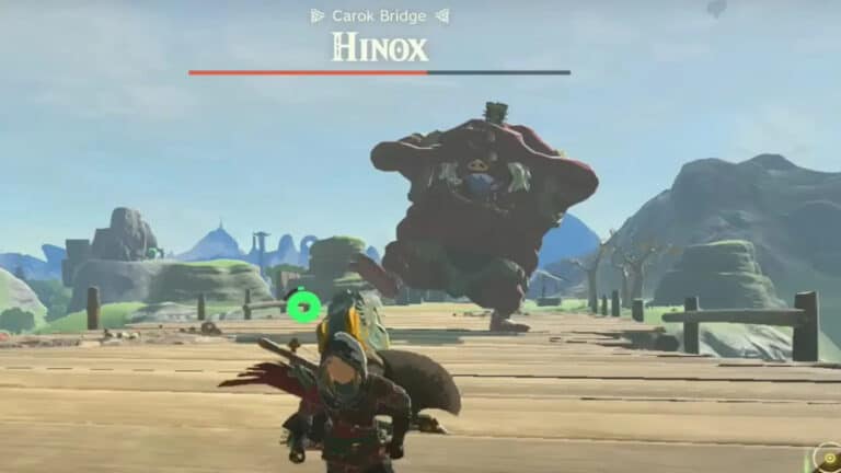 Link confronts a Hinox on a Bridge in Zelda Tears of the Kingdom