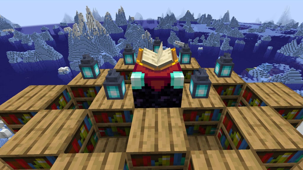 minecraft enchanting table atop a glacier