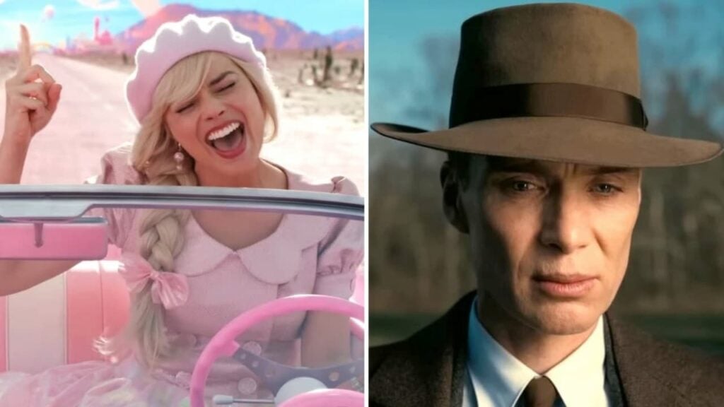 Margot Robbie as Barbie in Barbie and Cillian Murphy as Oppenheimer in Oppenheimer