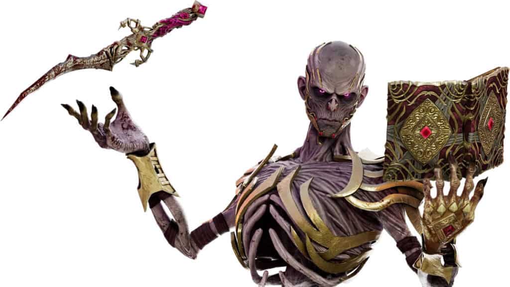 Vecna levitates a knife while holding his spellbook aloft