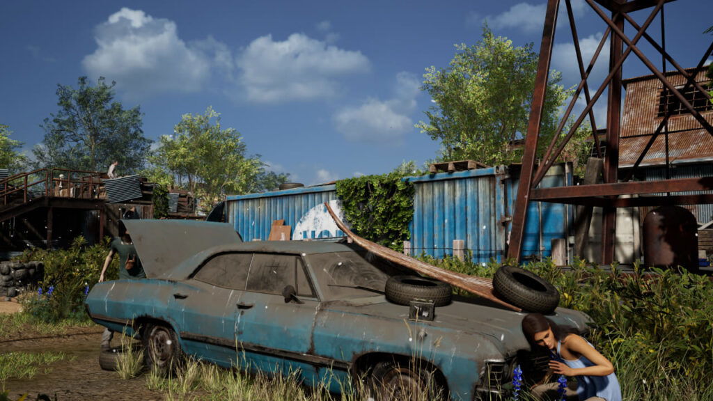 A victim hides behind a car in The Texas Chain Saw Massacre.