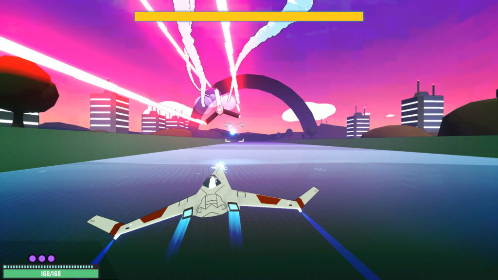 The player's ship racing toward a pink horizon in Whisker Squadron: Survivor.