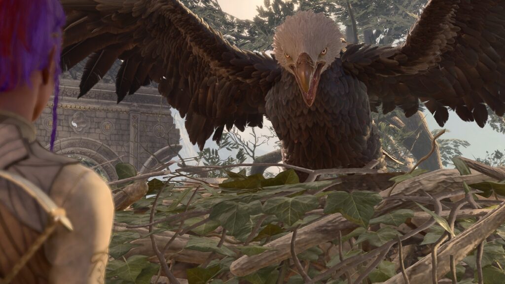 The player confronts an Ancient Eagle in its nest in Baldur's Gate 3