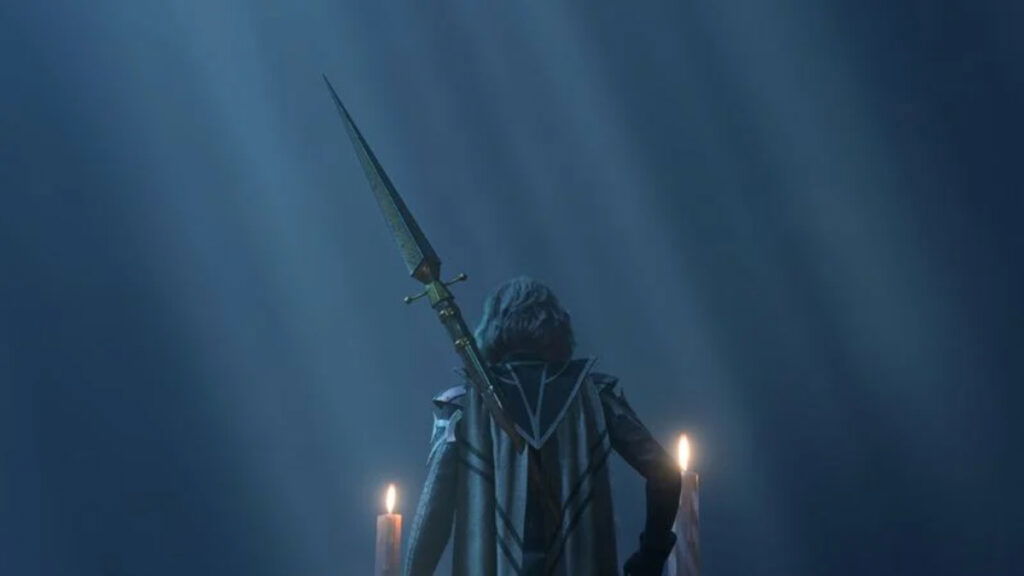 A character with a spear, seen from behind and flanked with candles