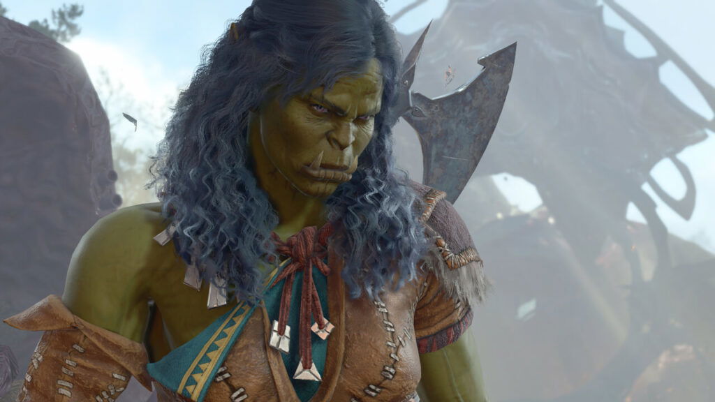 Close-up of a half-orc character in Baldur's Gate 3