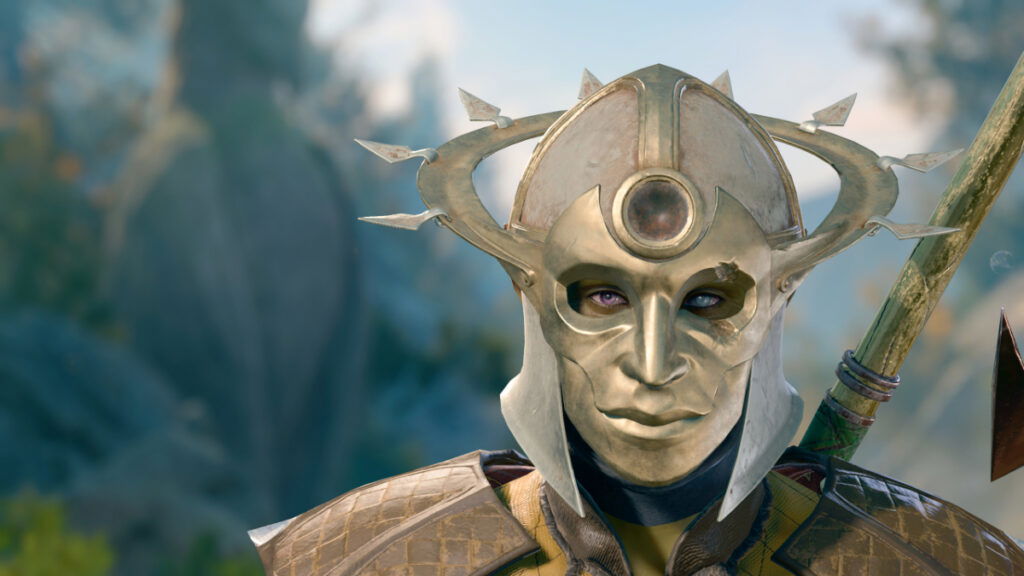 A close-up of a Half-Orc Warlock in a golden mask in Baldur's Gate 3