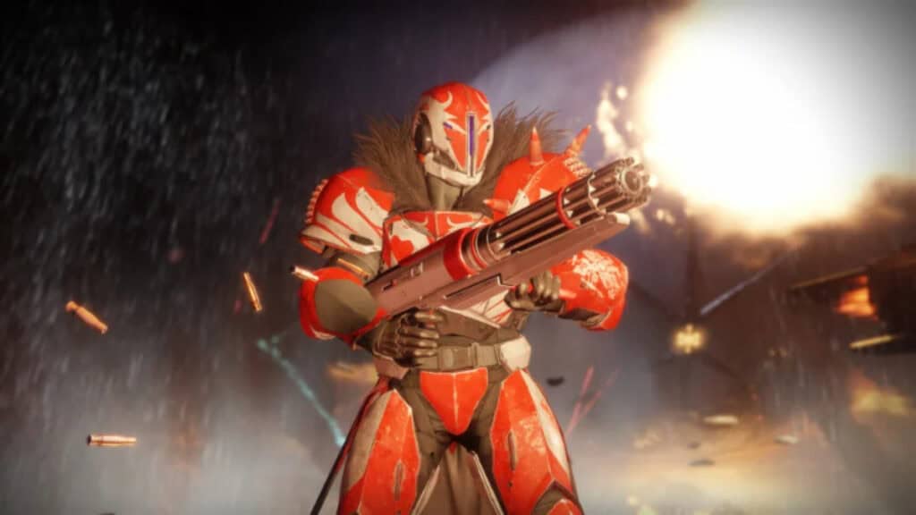 A Guardian shoots a chaingun in Destiny 2 by Bungie