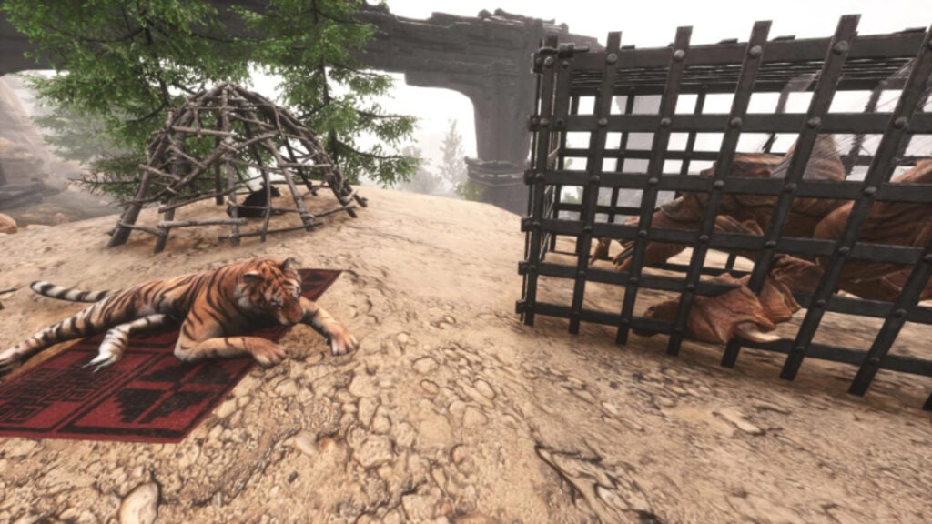 Two animals in Conan Exiles using the Animal Taming Cage mod