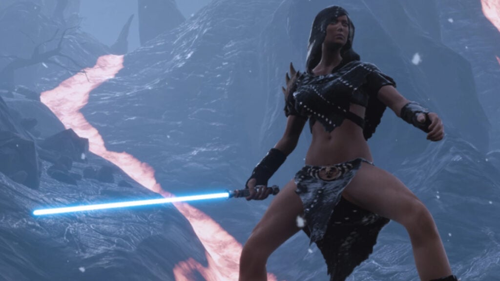 A barbarian wielding a lightsaber in Conan Exiles with the Forsaken Sabers mod