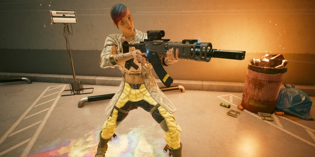 V aiming a rifle in Cyberpunk 2077