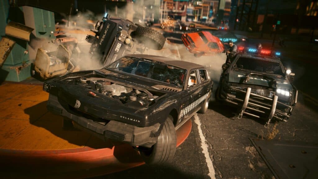 A car chase with the cops ends in destruction in Cyberpunk 2077