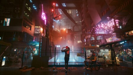 A character is highlighted against the neon glow of Night City in Cyberpunk 2077