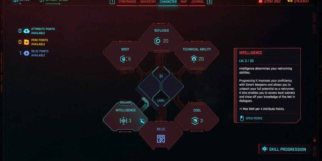 The Intelligence Attribute in Cyberpunk 2077, part of the best netrunner build