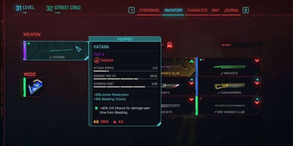 A katana in Cyberpunk 2077