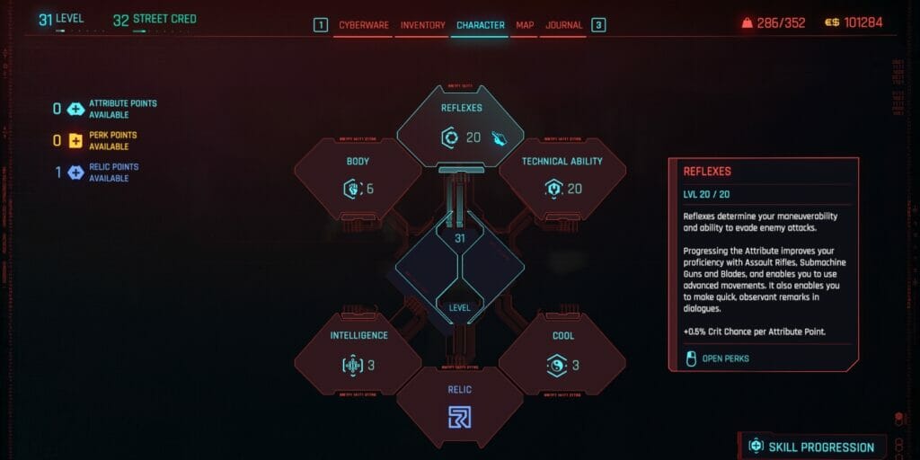 The Reflexes Attribute in Cyberpunk 2077, part of the best 2.0 melee build