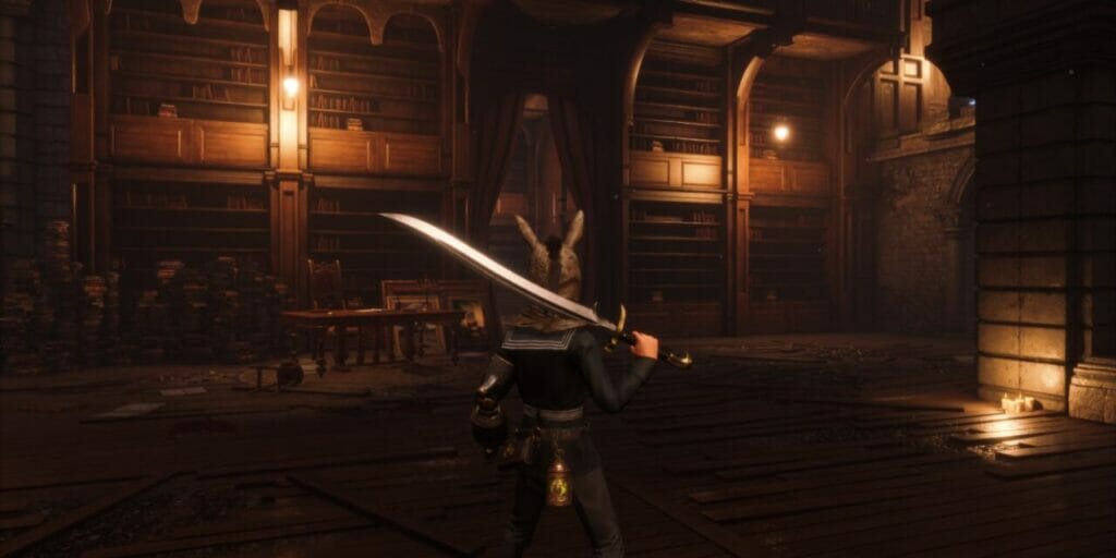 Holding the Greatsword of Fate in the library, best Strength build in Lies of P