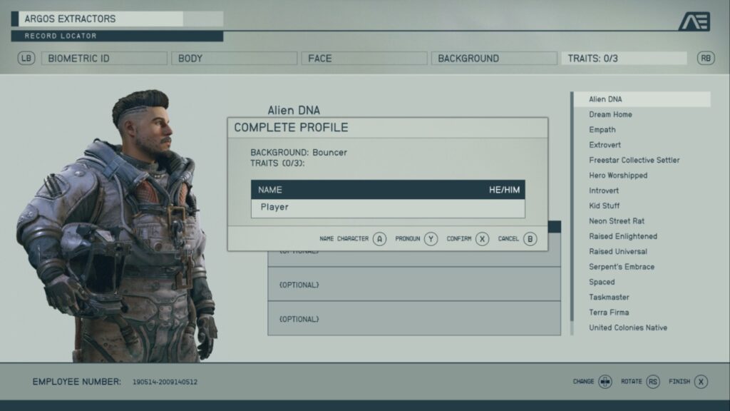 Starfield Character Creation Screen